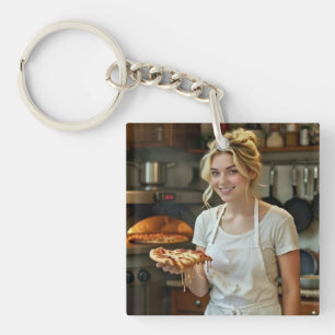 Eating Pizza Photo Personalize Customize Keychain