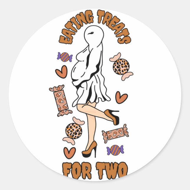 "Eating Treats for Two" Pregnant Halloween Orange Classic Round Sticker (Front)