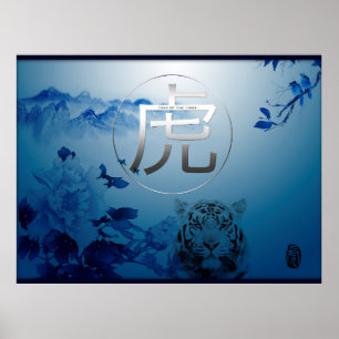 Eau Bleu Tigre Année Idéogramme Grande affiche
