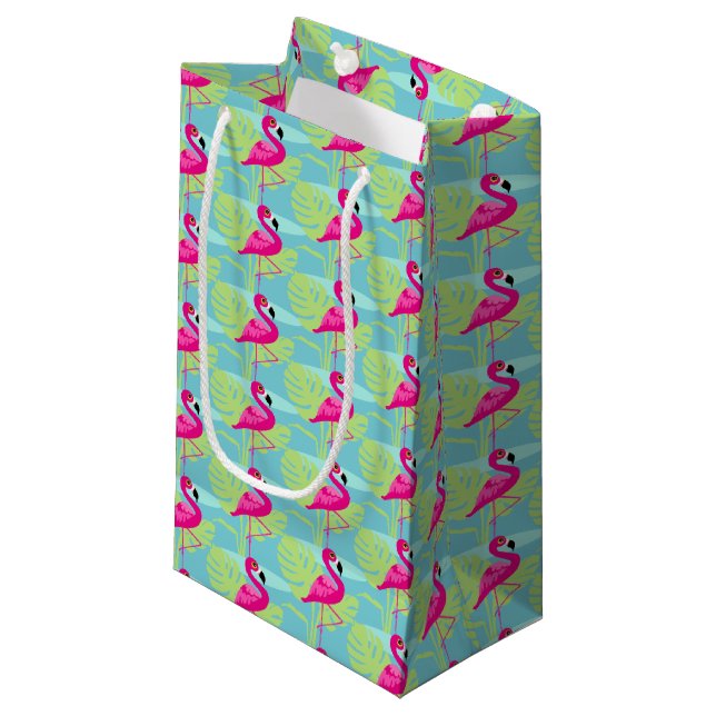 Eau flamand rose et sacs cadeaux motifs de palme (Devant Angle)