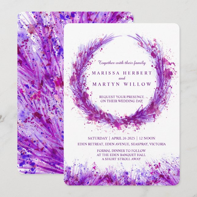 Eau violette art éclabousser invitations de mariag (Devant / Derrière)