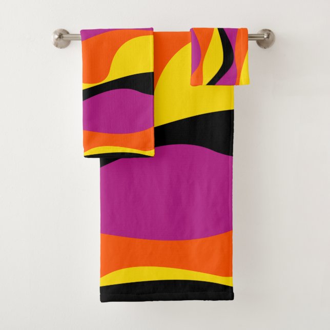 Ebb and Flow 4 - Black, Pink, Orange and Yellow Bath Towel Set (Insitu)