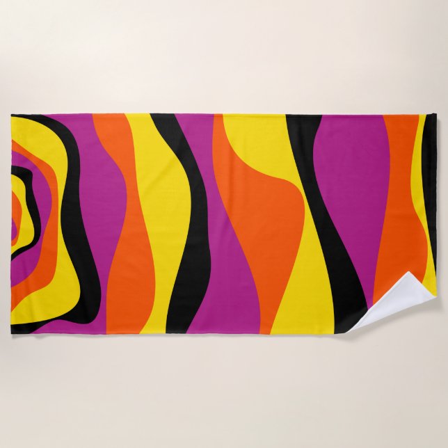 Ebb and Flow 4 - Black, Pink, Orange and Yellow Beach Towel (Front)