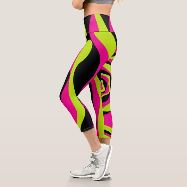 Ebb and Flow 4 in Lime Green, Hot Pink and Black Capri Leggings (Left)
