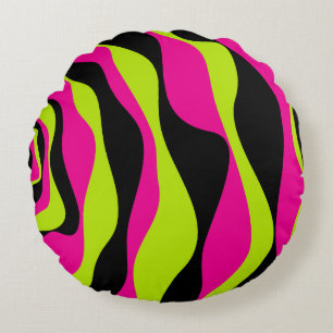 Ebb and Flow 4 in Lime Green, Hot Pink and Black Round Pillow