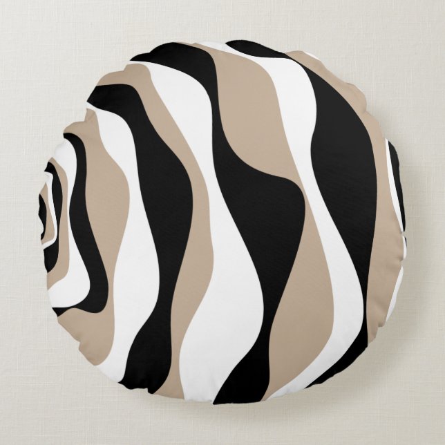 Ebb and Flow 4 - Taupe, Black and White Round Pillow (Front)