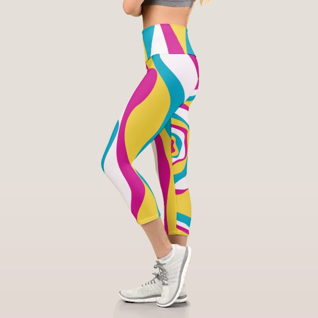 Ebb and Flow 4 - Turquoise, Yellow, Pink and White Capri Leggings (Left)