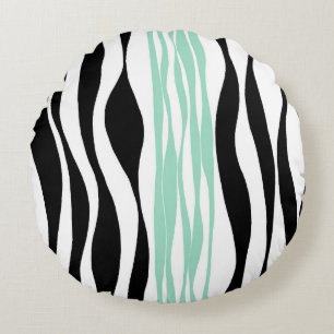 Ebb and Flow - Mint Green, White and Black Round Pillow