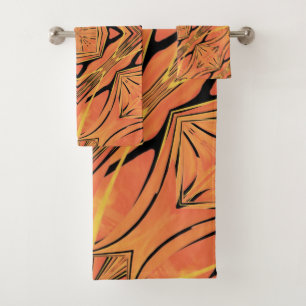 Ebony Black And Citrus Orange Tropical Art Design Bath Towel Set