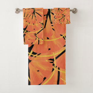Ebony Black And Citrus Orange Tropical Art Design Bath Towel Set
