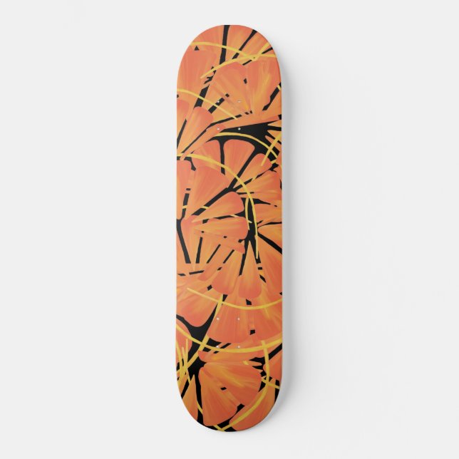 Ebony Black And Citrus Orange Tropical Art Design Skateboard (Front)