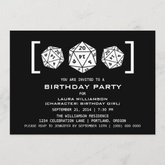 Ebony D20 Dice Gamer Birthday Party Invite