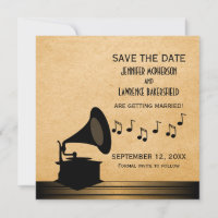 Ebony Vintage Gramophone Save the Date Invite