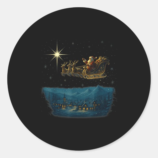 Ec Santa Sleigh With And Stars  Classic Round Sticker (Front)