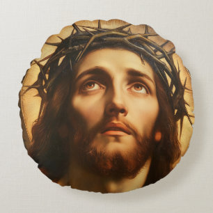 Ecce Homo   Jesus Christ with Crown of Thorns Round Pillow