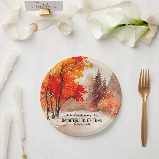 Ecclesiastes 3:11 Bible Verse Fall Watercolor Paper Plate (Wedding)