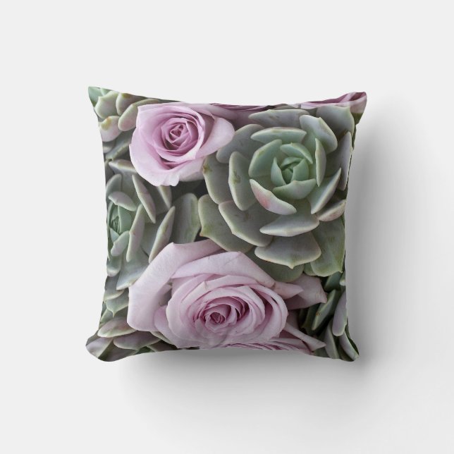 Echeverias and roses pillow by Debra Lee Baldwin (Front)