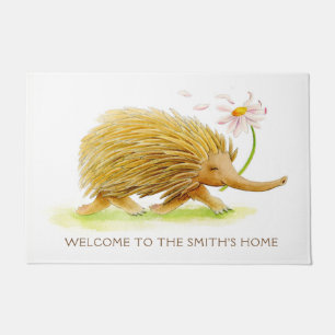 Echidna whimsy animal watercolor art custom doormat