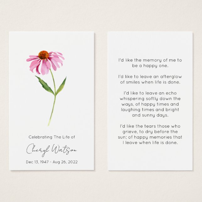 Echinacea | Simple Funeral Memorial Prayer Card (Front & Back)