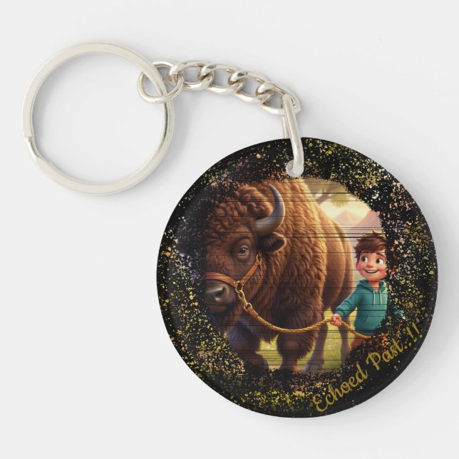 Echoed Past Whimsical Boy and Bison Custom Keychain (Front)