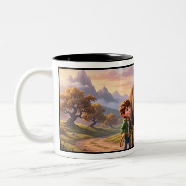 Echoed Past Whimsical Boy and Bison Two-Tone Coffee Mug (Left)