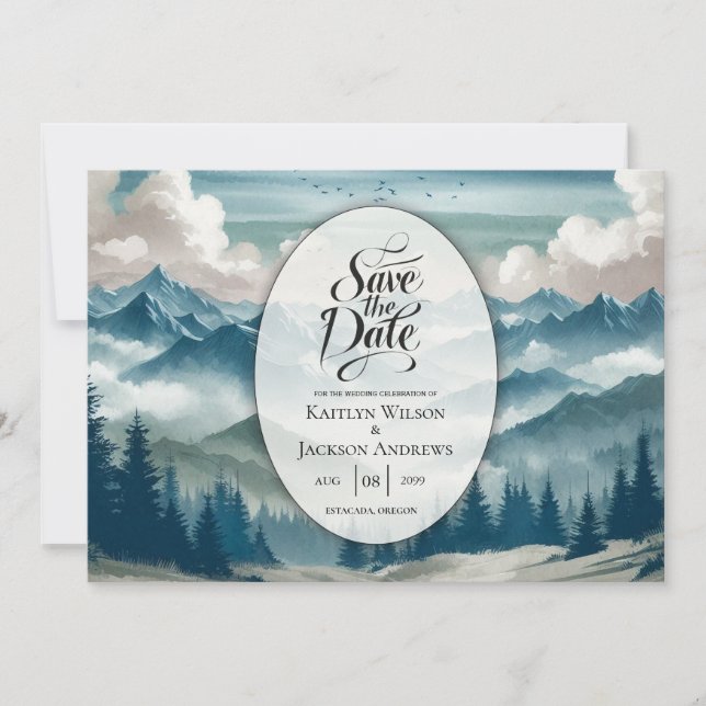 Echoes Through the Misty Pines Wedding Save The Date (Front)