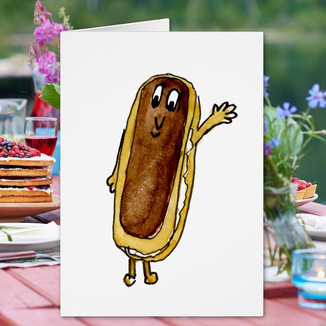 Éclair au Chocolat Drôle Carte de Bande Dessinée G (Chocolate eclair cute watercolor cartoon art greetings card for baking and cake sweet treat lovers)