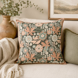 Eclectic Boho Terracotta Charcoal Botanical Floral Throw Pillow