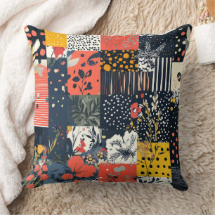 Eclectic Bold Botanical Patchwork with Polka Dots Throw Pillow