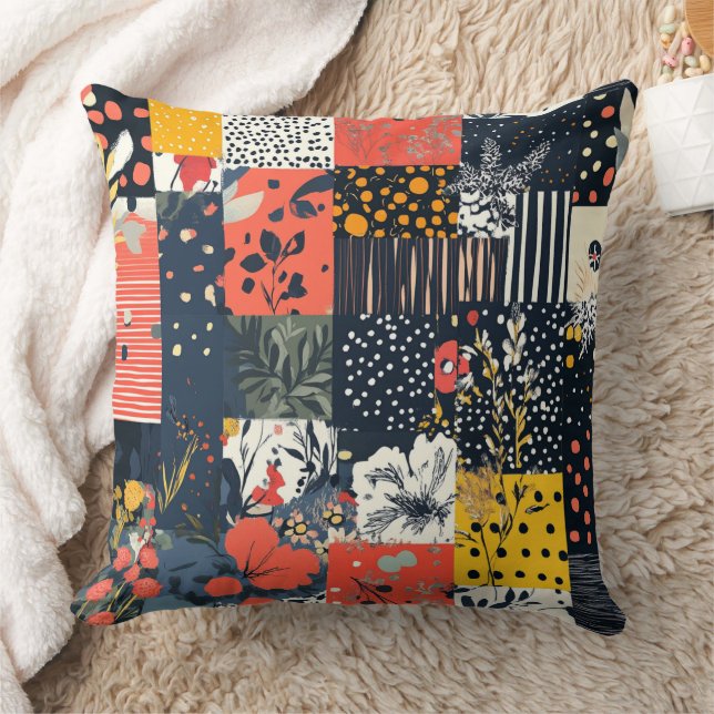 Eclectic Bold Botanical Patchwork with Polka Dots Throw Pillow (Blanket)