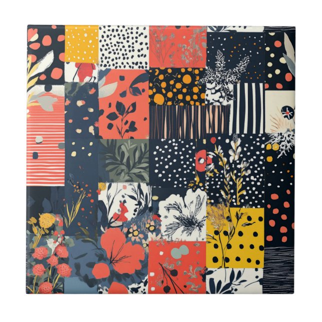 Eclectic Bold Botanical Patchwork with Polka Dots Tile (Front)