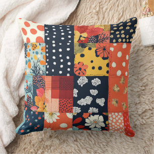 Eclectic Coral Blue Cottage Floral Patchwork Throw Pillow