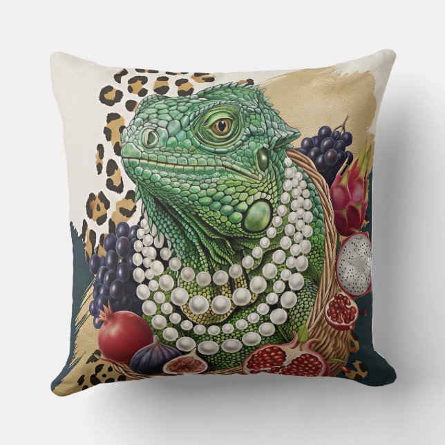 Eclectic Iguana with Pearls Throw Pillow, Chic Max Pillow (Back)