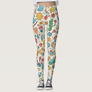 Eclectic Kawaii Doodle Illustration with Cats Leggings
