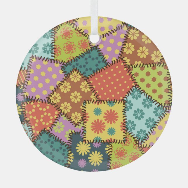 Eclectic Patchwork: Diverse Pattern Mix Glass Ornament (Front)