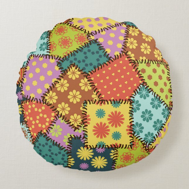 Eclectic Patchwork: Diverse Pattern Mix Round Pillow (Front)