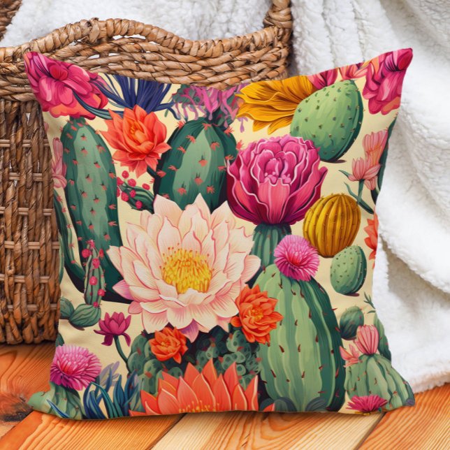 Eclectic Southwestern Cactus Desert  Throw Pillow (Colorful succulents and cactus pillow)