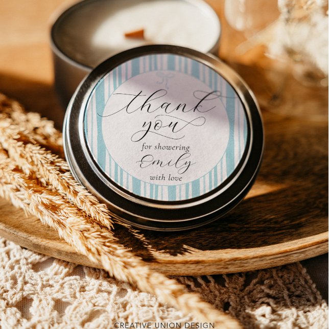 Eclectic Stripes Blue Baby Shower Thank You Classic Round Sticker (Creator Uploaded)