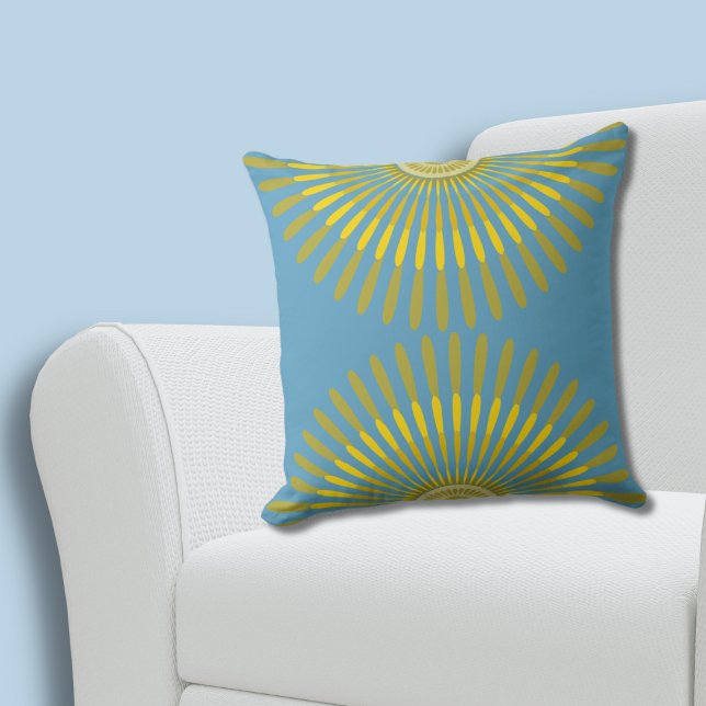 Eclectic Summer Yellow and Blue Feathery Fan Throw Pillow (Eclectic Summer Yellow and Blue Feathery Fan Throw Pillow)