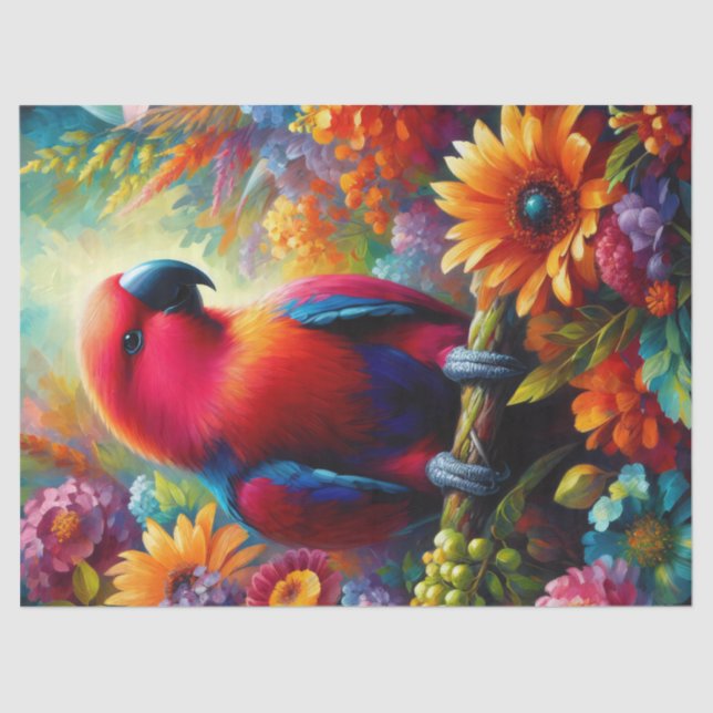 Eclectus Parrot Colourful Flowers Decoupage Tissue Paper (Front)