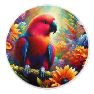 Eclectus Parrot with Colourful Flowers Ceramic Knob