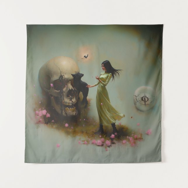 Eclipse Priestess Moon Occult Dark Witchy AI Art Tapestry (Front)