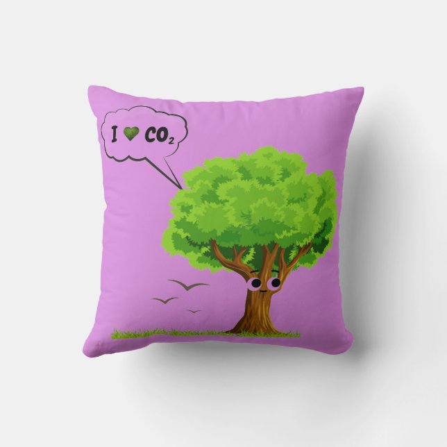 Eco-Friendly ‘I Love CO2’ Illustrated Tree  Throw Pillow (Back)
