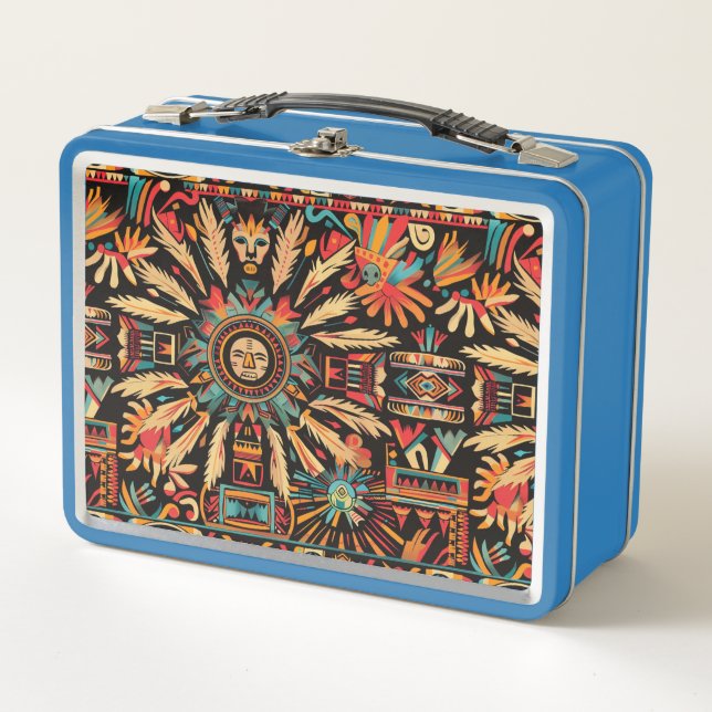 Eco-Friendly Light Blue "Aztec Dream" Kids Lunchbo Metal Lunch Box (Front)