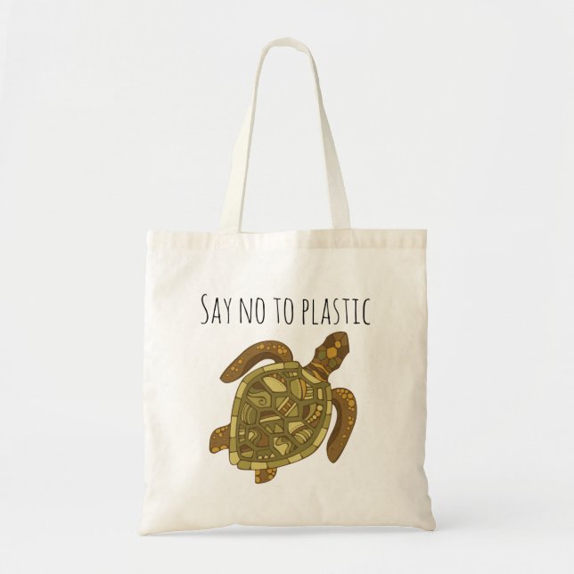 Eco-Friendly Say No to Plastic Reusable Turtle Tote Bag (Front)