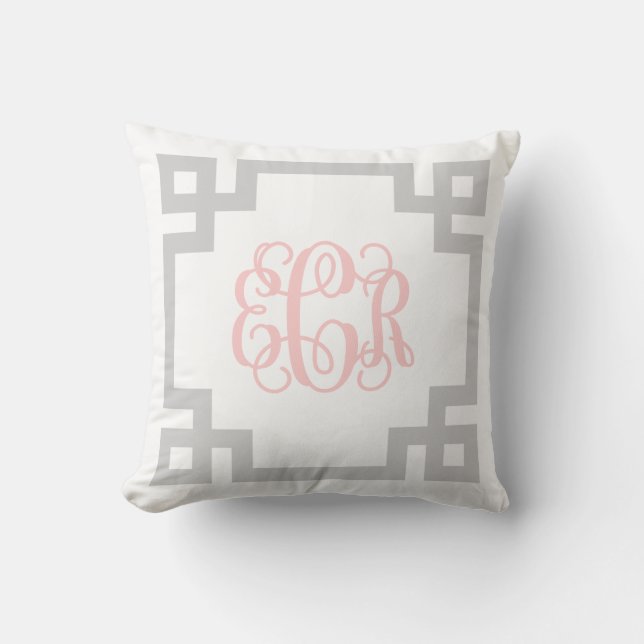 ECR Grey and Pink Greek Key Script Monogram Throw Pillow (Front)