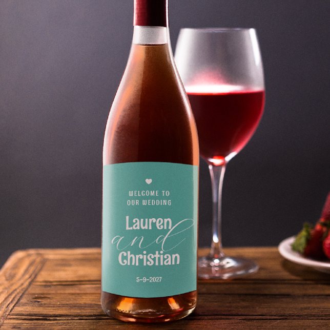 Écriture Turquoise Carré Mariage Étiquette de vin (Créateur téléchargé)