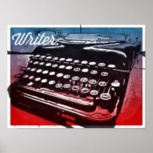 Écrivain avec Typewriter Blue Red Pop Art Poster