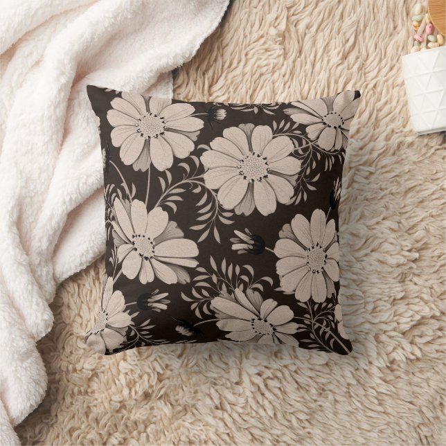 Ecru and black floral pattern throw pillow (Blanket)