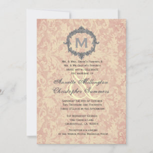 Ecru Damask Vintage Frame Monogram Wedding V1 Invitation